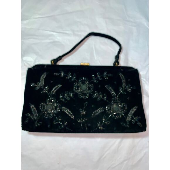 VINTAGE FIFTIES LARGE SOURE BEADED BLACK VELVET BAG - Picture 1 of 12